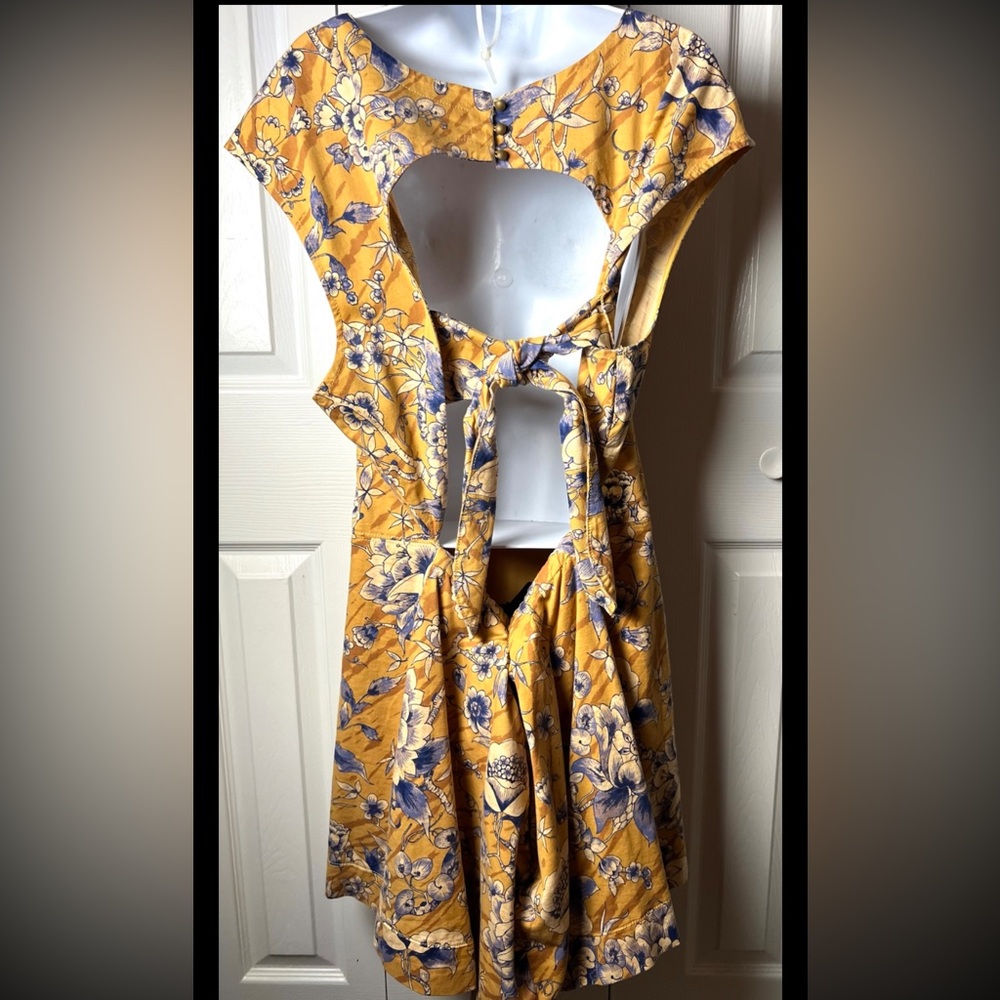 ANTHROPOLOGIE Tie Back Dress Boho Cap Sleeves Gold Blue Open Back Mini Plus 22W - Picture 8 of 12